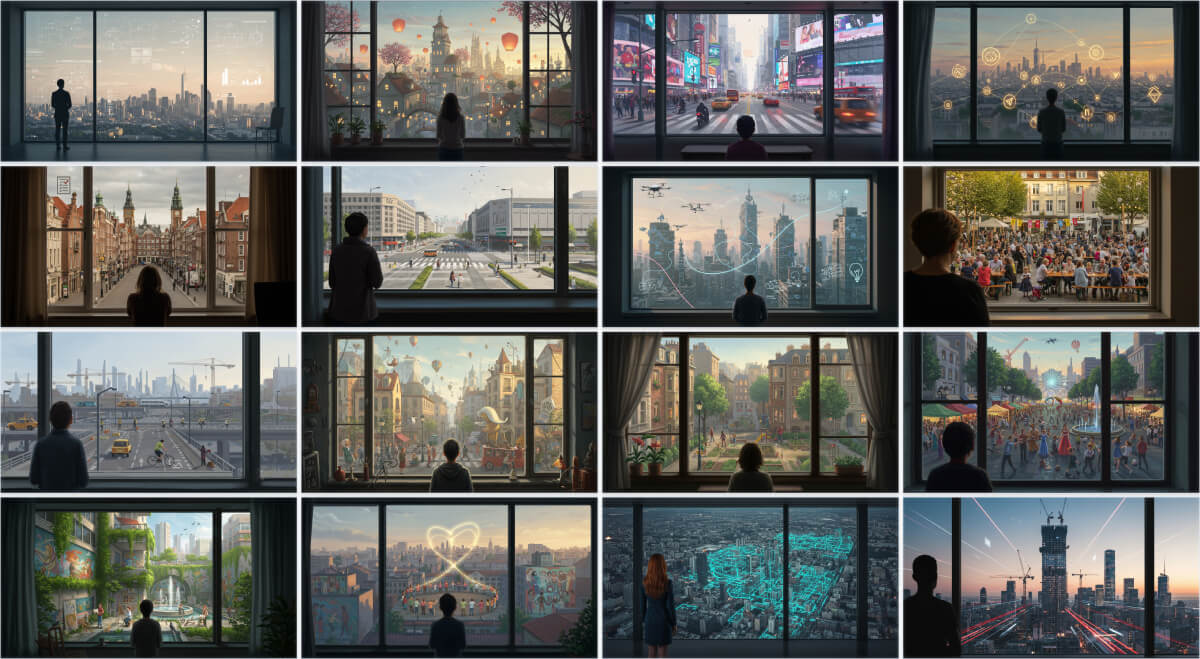 Collage of 16 windows, each a different view