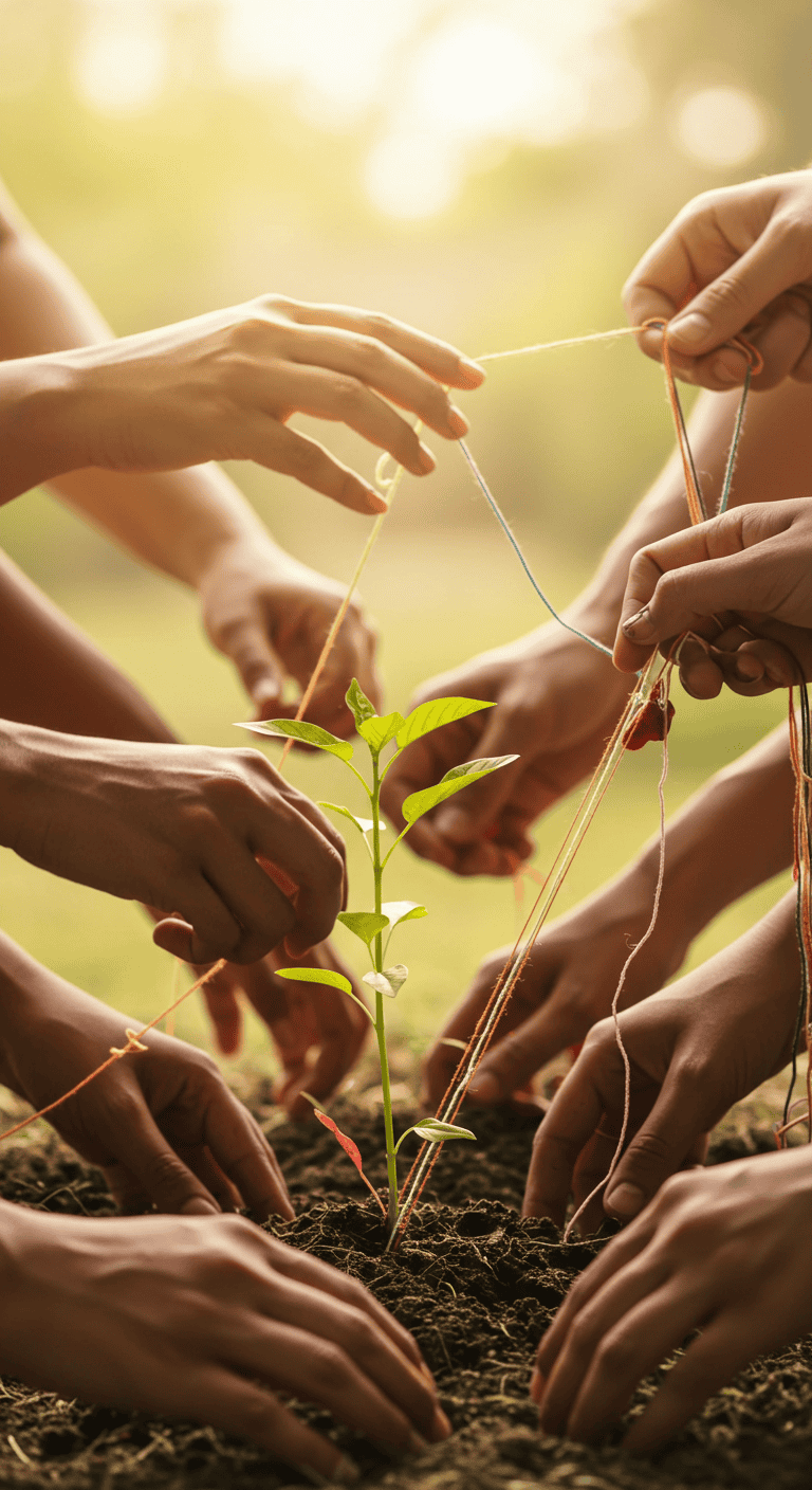people working together to help a plant grow