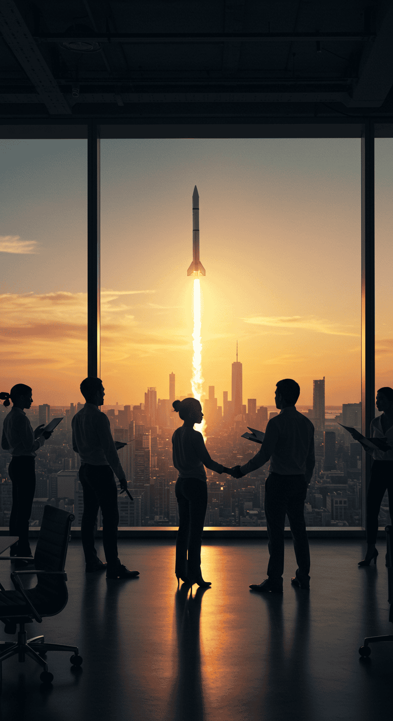 Executives shaking hands in a skyscraper watching a rocket successfully launch