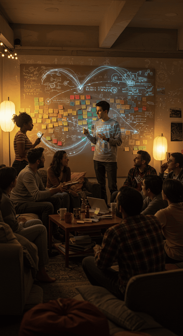a person in front of a wall of sticky notes speaking in front of a group of people in an intimate philosophy debate salon setting