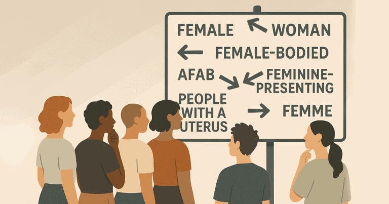 a group of diverse people all staring at a sign with different gender related terms all pointing in different directions