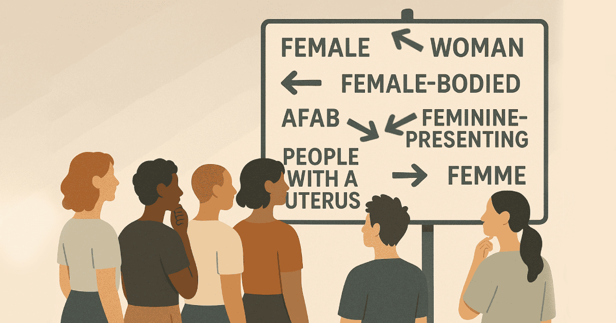 a group of diverse people all staring at a sign with different gender related terms all pointing in different directions