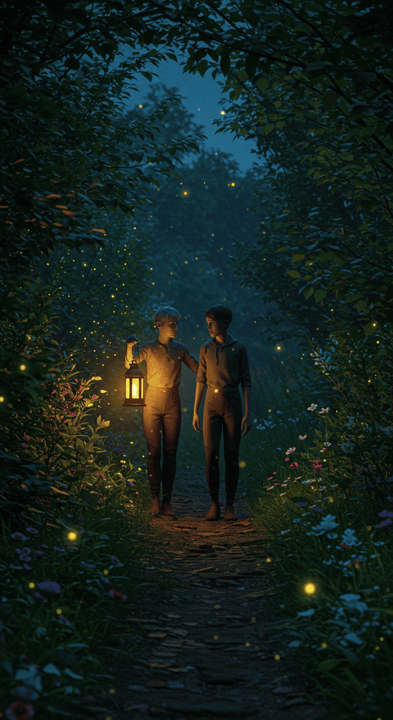 in a secret garden at twilight, one figure is guiding another with a lantern