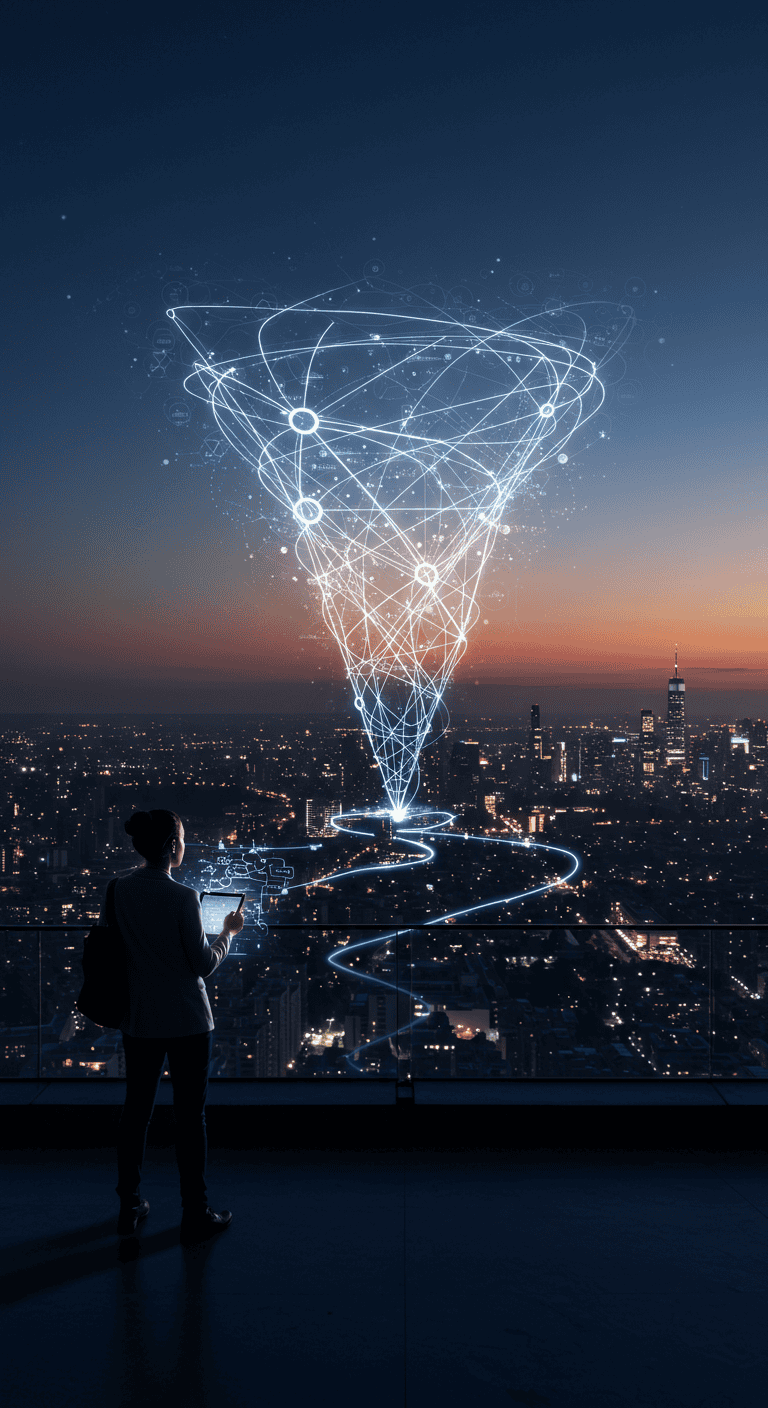 INTJ looking out over a cityscape at night with vast amounts of data converging into a solution