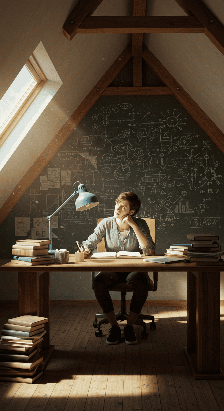 a person sitting at a desk lost in thought with a stack of books nearby and a full chalkboard behind them